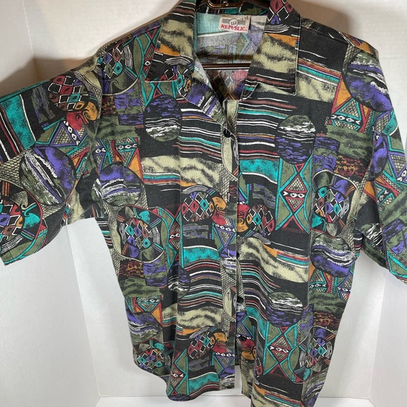 Denim Republic Vintage Men's Short Sleeve Button Down Shirt Geometric Si… - Picture 2 of 13